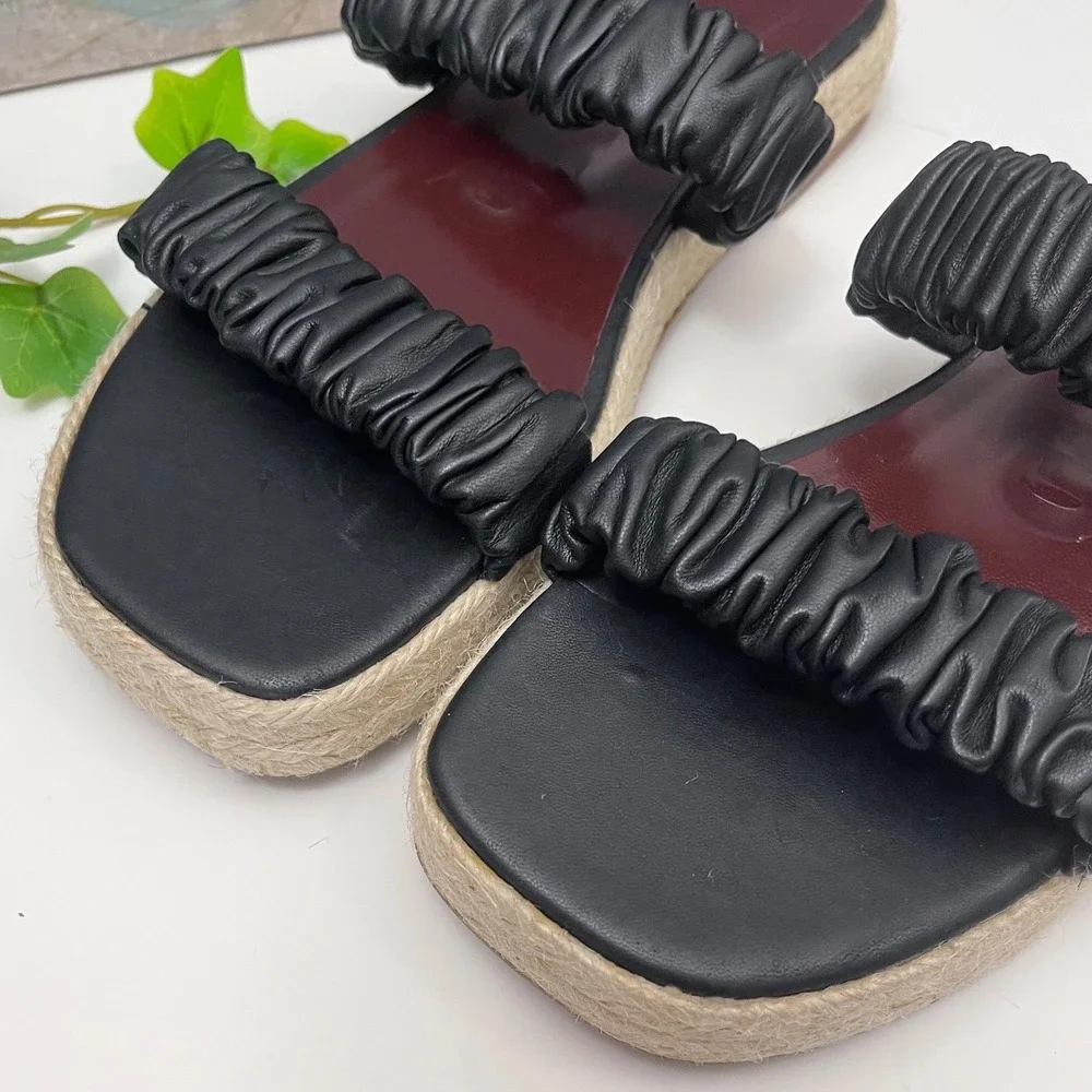 STAUD Maya Leather Ruched Double Strap Espadrille Platform Sandals Sz‎ 37 / US 7